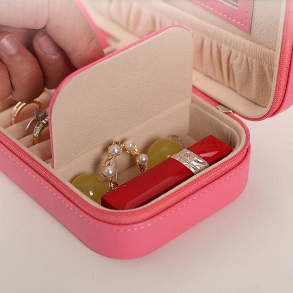 PU Travel Jewelry Case Solid Color Jewelry Display Box Simple Zipper Stotage Boxes  Women