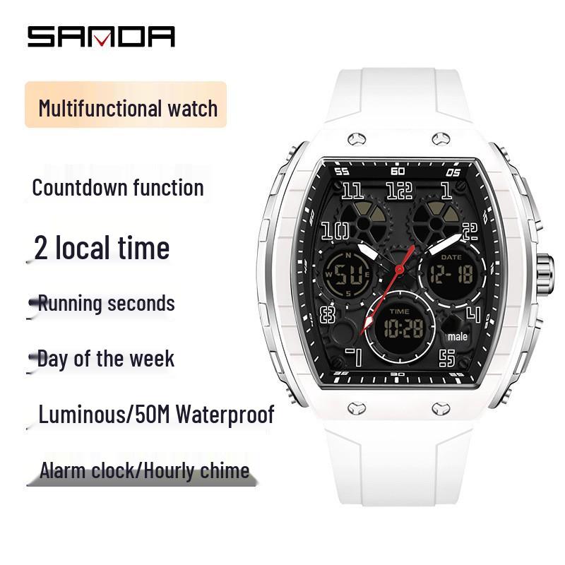 Sanda Dual-Movement Barrel Watch: Luminous Alarm, Large Dial, Multifunctional Student Watch.