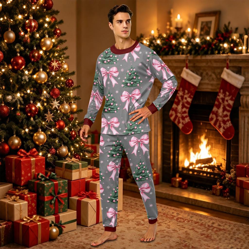 Parent-Child Matching Christmas Print Long Sleeve Neck Loungewear Set with Long Pants