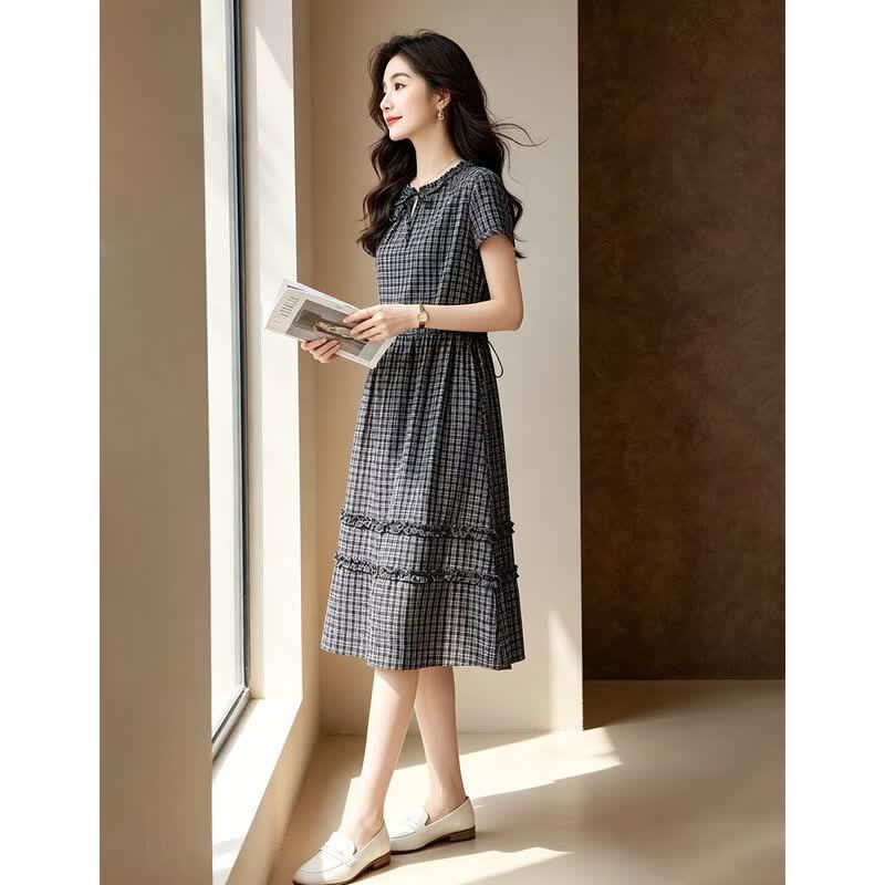 D.F.DEAR Women's Retro Plaid Ruffle A-Line Dress