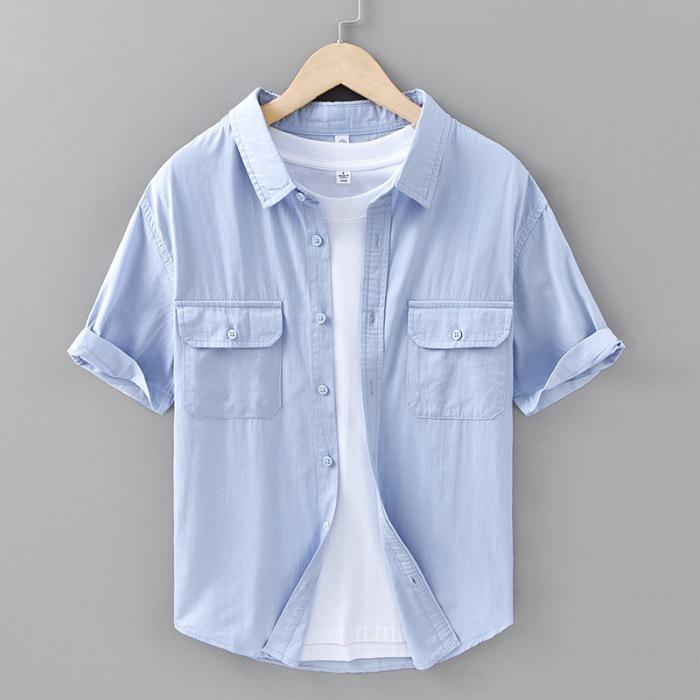Einfaches Freizeit-Baumwollhemd für Herren Kurzärmlig Sommer Locker sitzend Doppelpattentaschen Arbeitshemd