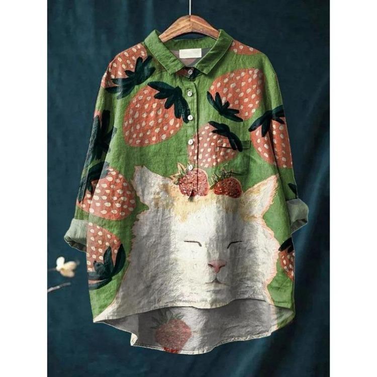 Japanese Kimono Blouse Harajuku Cute Strawberry Cats Print Women's Long Sleeve Shirt Summer Casual V Neck Cozy Loose Top