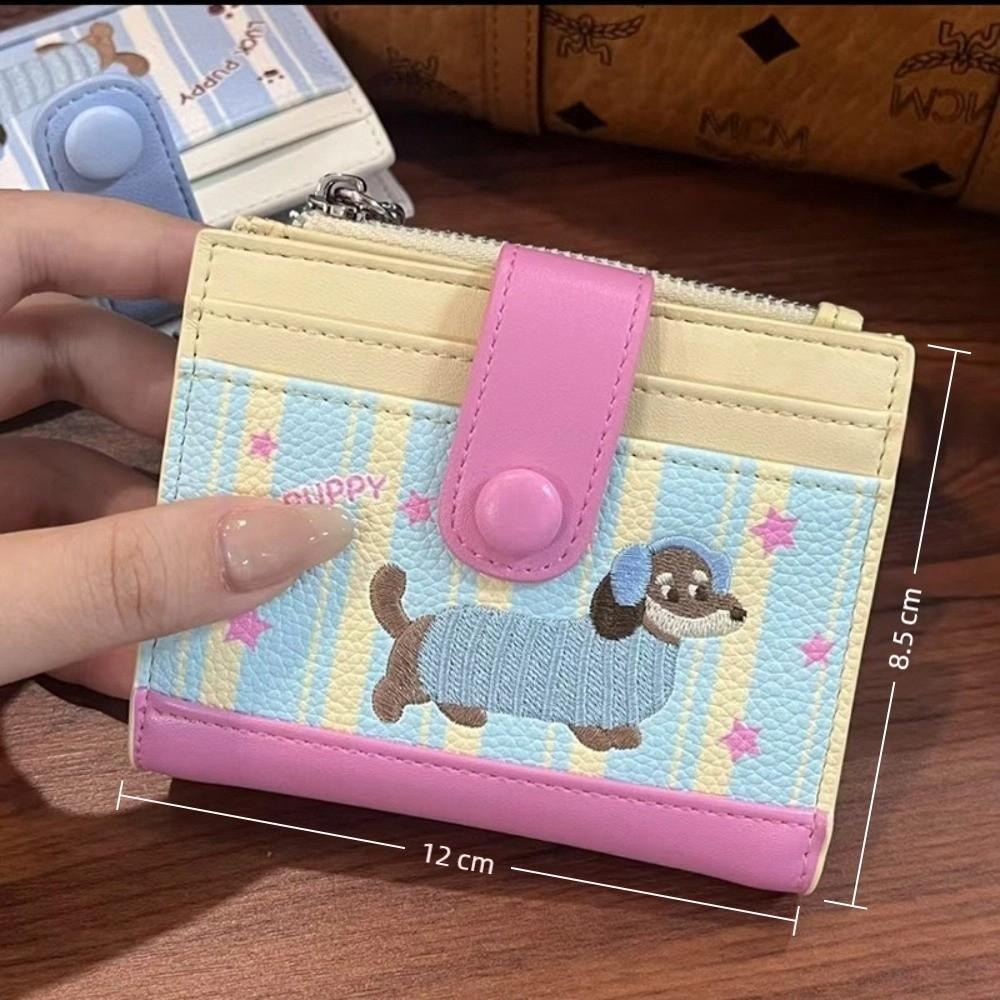 Korean Style Dachshund Embroidery Short Wallet Dopamine Color Zipper Card Bag PU Cartoon Dog Small Item Bag Women Girl