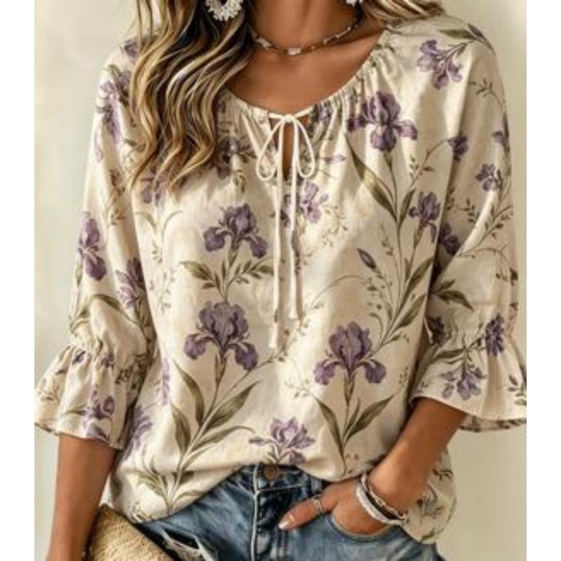Women's Vintage Burgundy Rose Tie Neck Blouse Ruffle 3/4 Sleeve Relaxed Fit Daily Office Dating Shirt