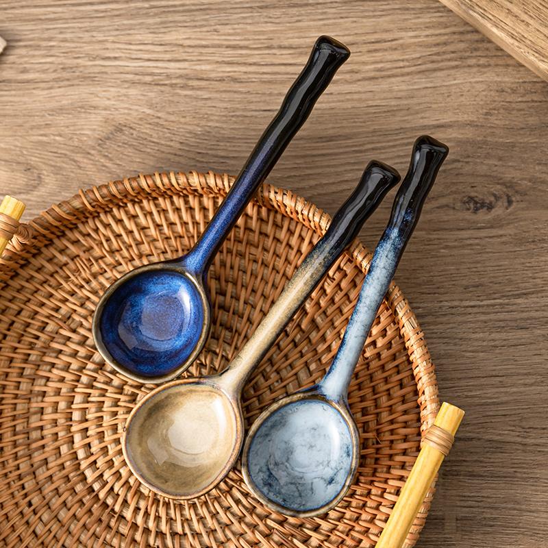 Household Japanese Ceramic Soup Spoon Long Handle Round Head Soup Ladle Congee Spoon Irregular Spoon