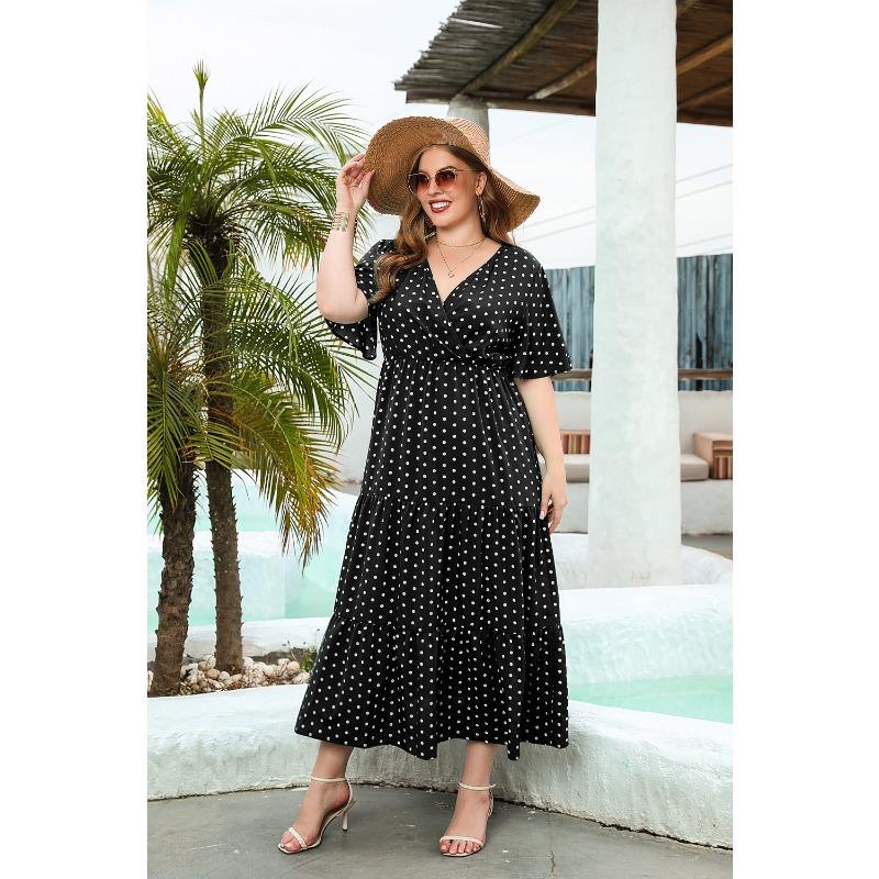 Plus Size Women's Big Size Polka Dot Casual v-Neck Elegant Hem Midi Dresses