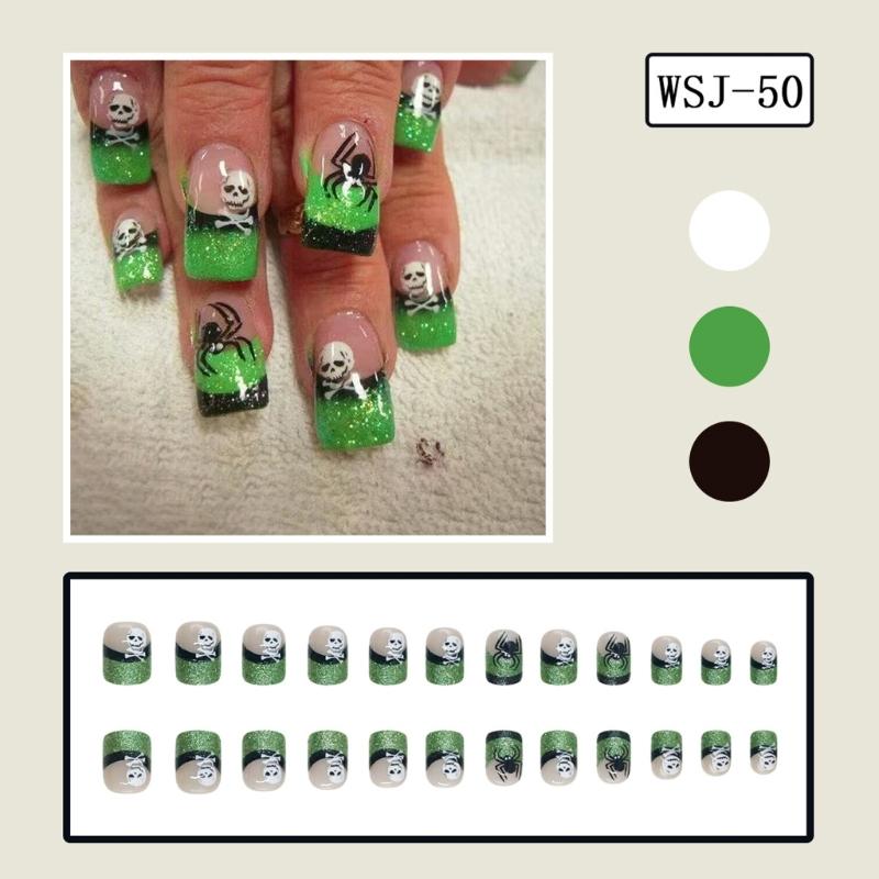 Halloween Black Green Scintillate French Square Short Persist Hoofs With White Skull Plan For Party Costume