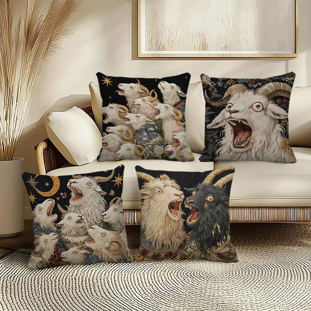 Gothic Dark Pillow Cover Art Goat Cushion Cover Creepy Ram Throw Pillowcase For Sofa Living Room Vintage Home Decor Peach Skin
