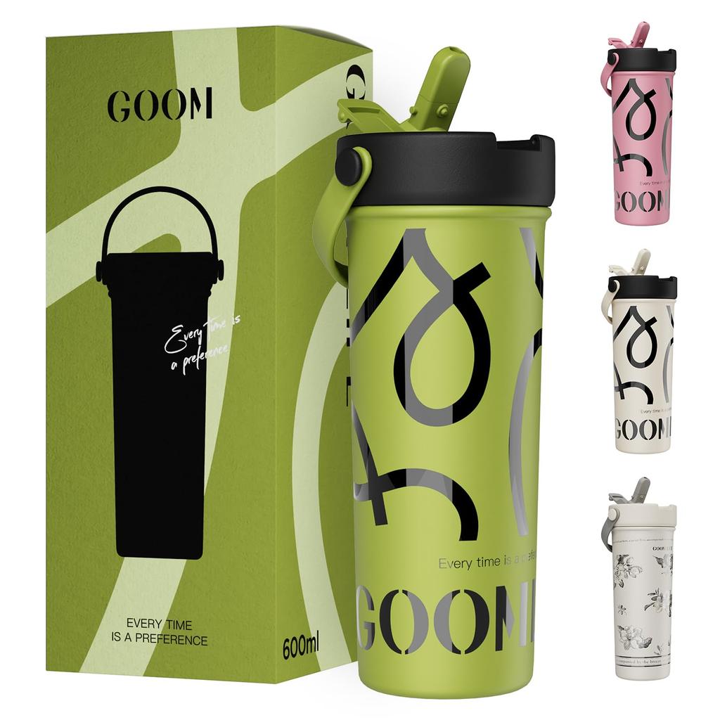 GOOM Water Mug with Thermal 316 Stainless Straw Thermal Cold Vacuum Leak with Tea Handwritten Sports Bottle, Bottle, Tumbler, Lid, Bottle, 600ml,