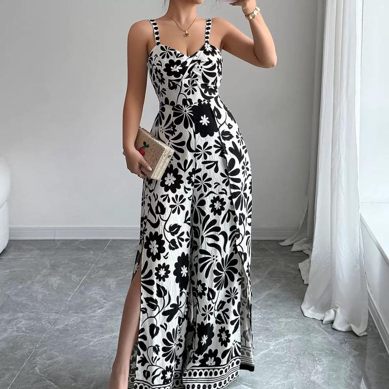 2025 Elegant Twist Print Spaghetti Strap Backless Jumpsuit with Wide Leg and Long Pants Skirt