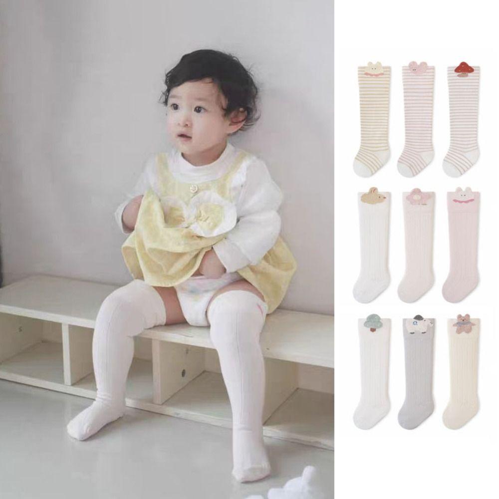 3Pairs Long Tube Calf Socks Baby Stripe Cartoon Above Knee Socks Cute Infant Cotton Stockings  Girls