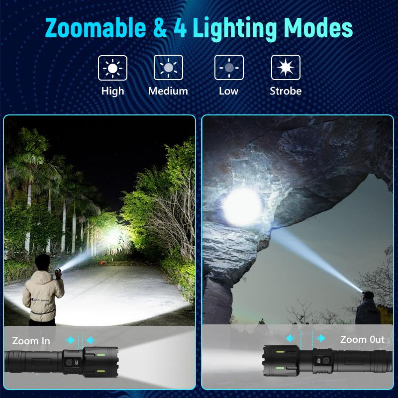 High Strong Power Led Flashlights Emergency Spotlights Telescopic Zoom Built-in Battery USB Rechargeable Camping Torch