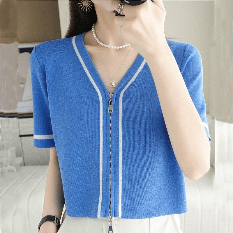 Summer Ice Silk Women Shirt Zipper Women Knit Blouse V-neck Half Sleeve Sunscreen Shirts Casual Short Sleeve Tees Tops 25006