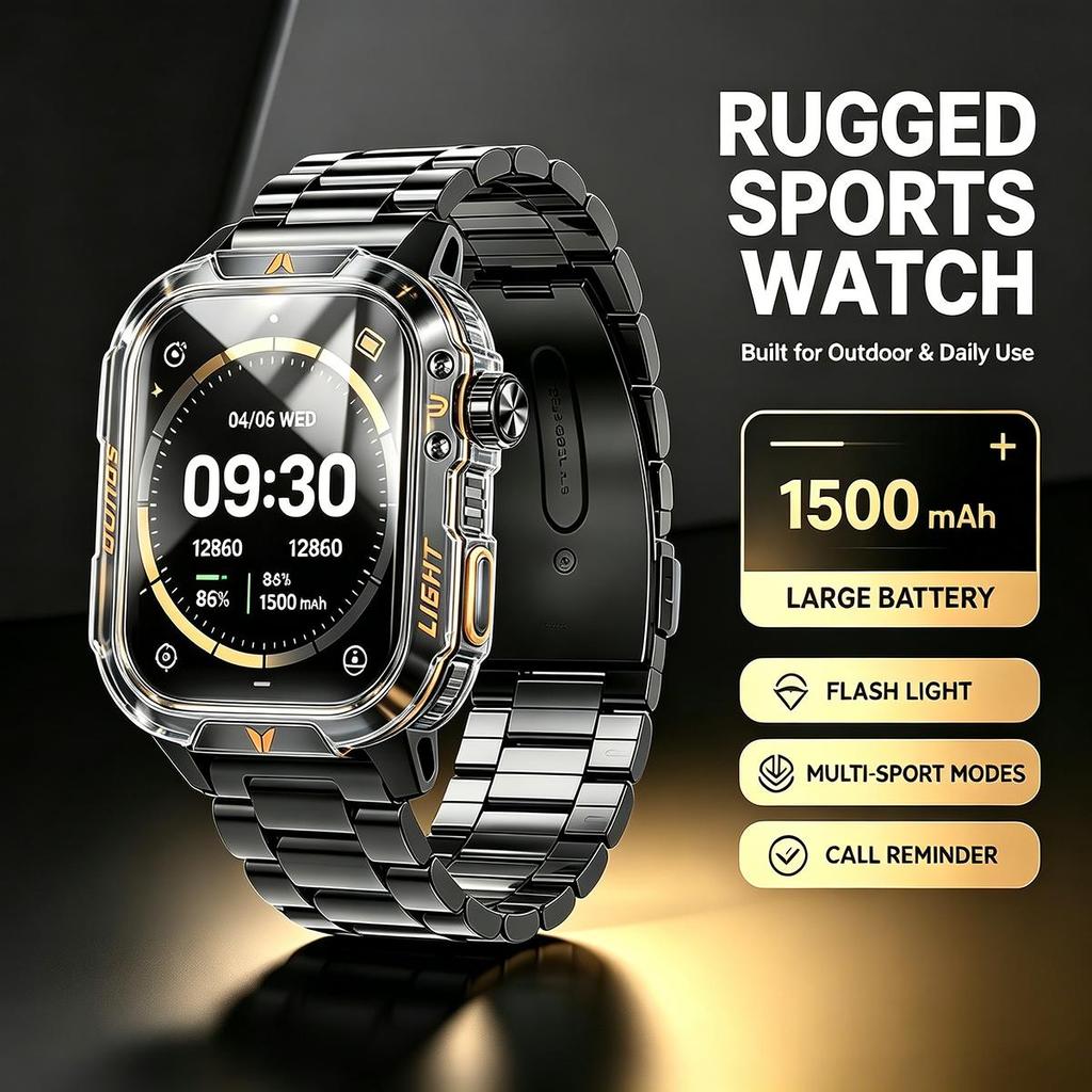 Rugged and Durable Military Smartwatch 1500mAh Battery 30-day Blouetooh Call multi-functionality,LED Flashlight 150sports Modes Android iPhone.