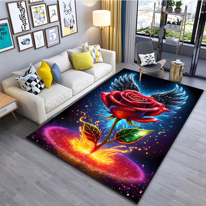Roses and Angel Wings Printed Carpet for Living Room Bedroom Bedside Bathroom Floor Mat Area Rugged Sofa Mat Home Decor