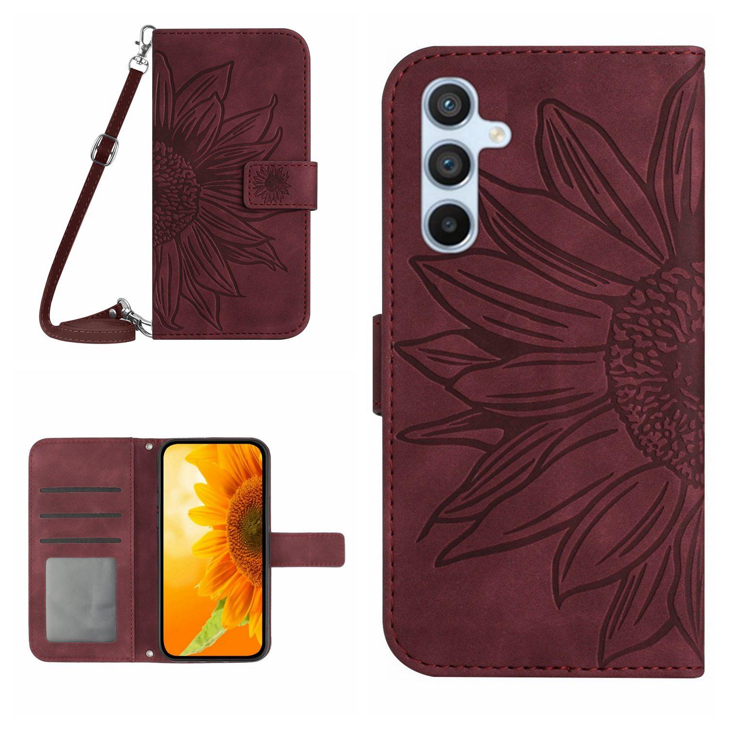 

For Samsung Galaxy A17 Case Sunflower Imprint PU Leather Phone Cover with Long Strap Wine Red