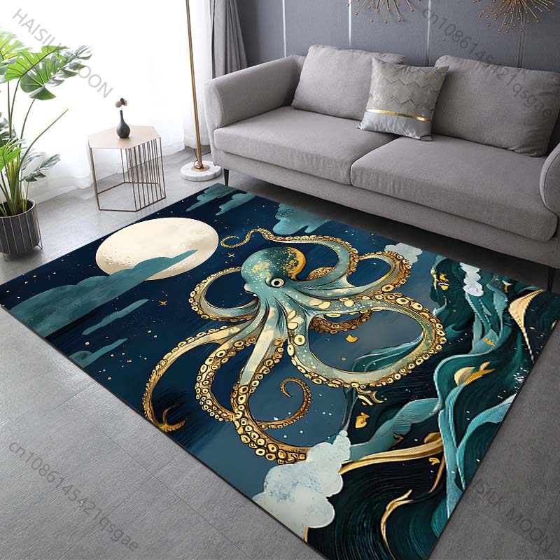 Multiple Sizes Octopus Swimming Under Moon Carpet for Living Room Bedroom Sofa Home Decor Rug Non-slip Floor Mat Luxury Gift