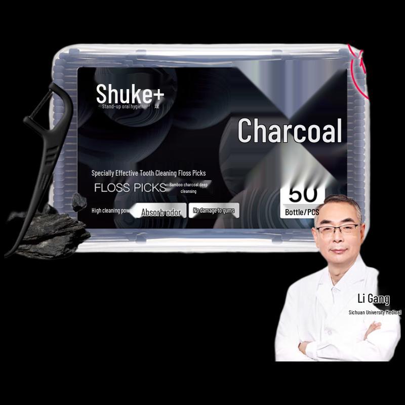 Shuke Bamboo Charcoal Flat Dental Floss Picks, 50 Count