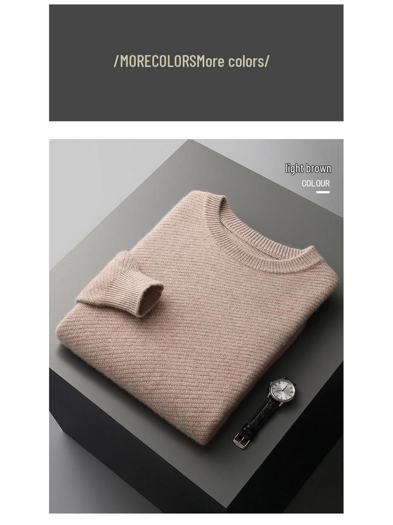 Men's Thick Pineapple Stitch Pure Wool Round Neck Sweater for Autumn/Winter 2025