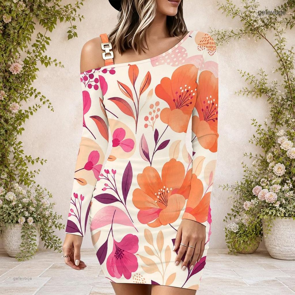 Ladies Plus Size Asymmetric Diagonal Shoulder Long Sleeve Dress