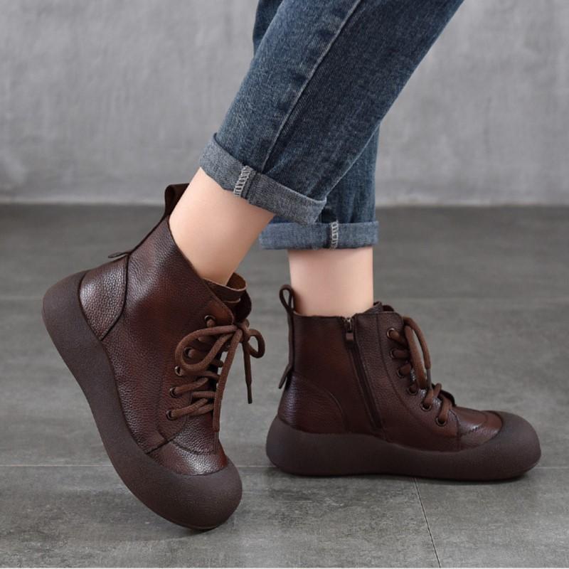 Johnature Retro Women's Ankle Boots Genuine Leather Lace Up Thick Soled Cowhide Short Boots