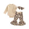 Set pantaloni pentru fetițe, barcel cu mânecă lungă + pantaloni evazați cu fundă cu imprimeu leopard + bentiță