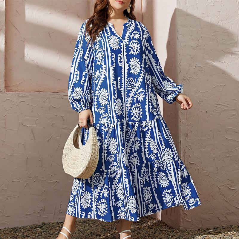 

Весенне-осеннее женское платье больших размеров с принтом «Темперамент» с V-образным вырезом и длинными рукавами Длинное платье 4XL синий