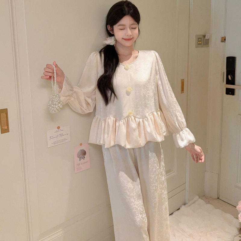 French Pajamas Women's Spring and Autumn 1011 New High-end Butterfly Jacquard Long-sleeved Trousers Loungewear Set Can Be Worn Outside
