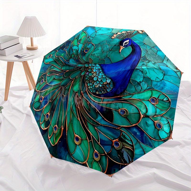 1pc Peacock Feather Compact Travel Umbrella, Automatic Folding Lightweight Windproof 8-Bone Reinforced Design, Portable for Backpack Durable