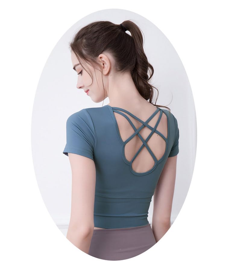 DAYCLOSET Yoga Top with Short yoga151 Women's Cups, Sleeves, Stretch, Lightweight, (L, Blue)
