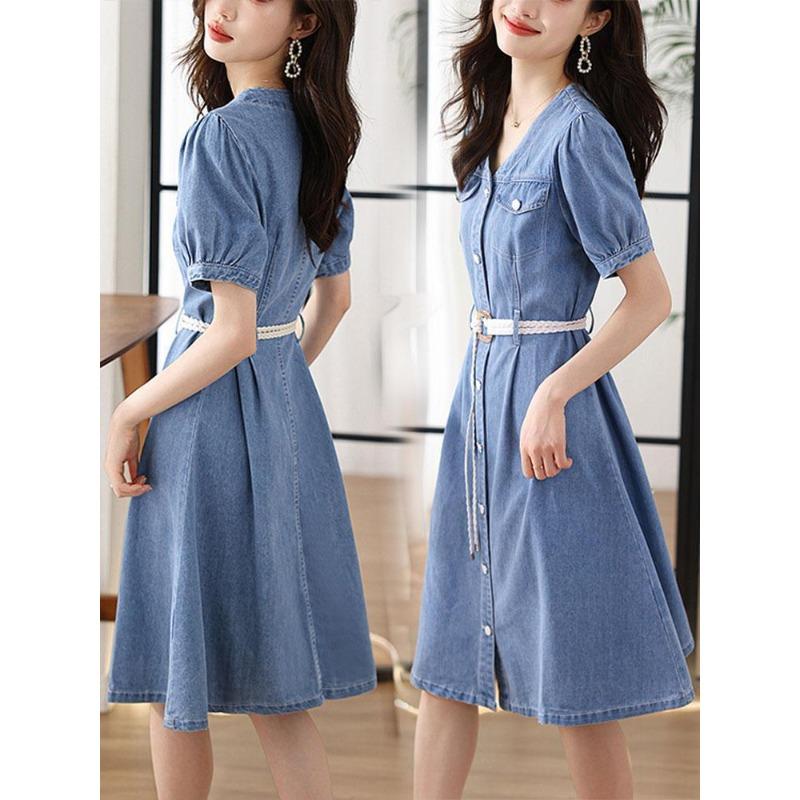 Summer Slim Fit Denim Dress Casual Short Sleeve Waist Tie Womens Fashion Lightweight and Comfortable Stylish Outfit