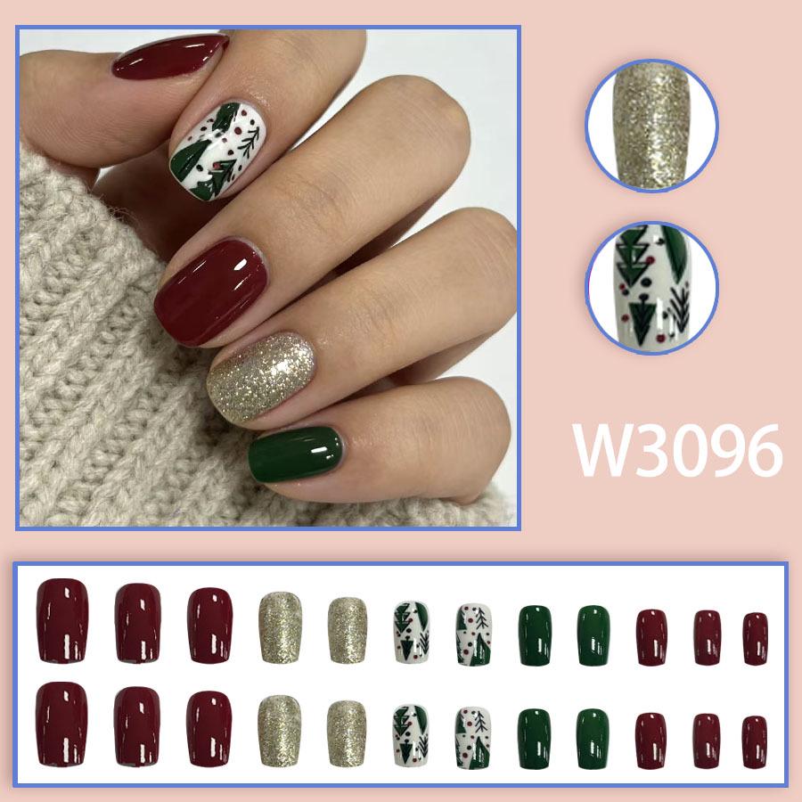 Best-Selling Cute Cartoon Christmas Tree Frosted Gold Color-Block Wearable Nails (24 Pieces)