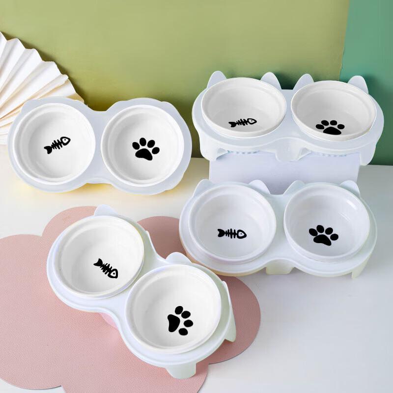 Tilted Double Ceramic Pet Bowl with Stand CN plug (adapter included)