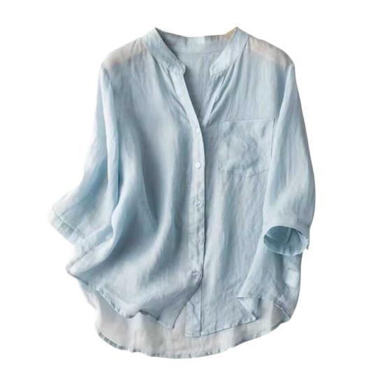 Women Casual Shirt V-Neck 3/4 Sleeve Solid Color Shirt Tops Single Breasted Loose Fit Thin Party Daily Wear Top