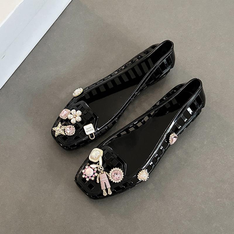 Korean Version Design Square Head Hollow Flat Sandals Women's Summer Fashion Versatile Exquisite Crystal Shoes Beach Shoes Single Shoes