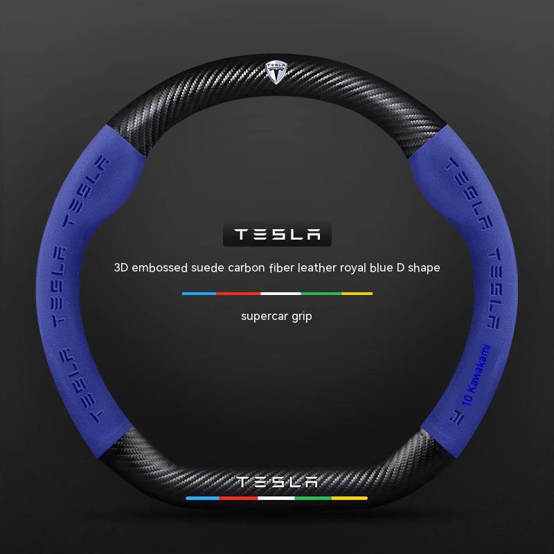 ALA1 Tesla Model 3 Model Y Model S Model X Roadster Suede Carbon Fiber Anti-slip Breathable Car Steering Wheel Cover Auto Accessories