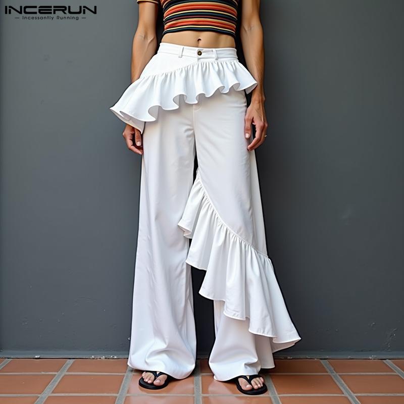 

INCERUN Men Zipper Waist Ruffled Layers Casual Long Straight Pants Trousers 4XL чёрный