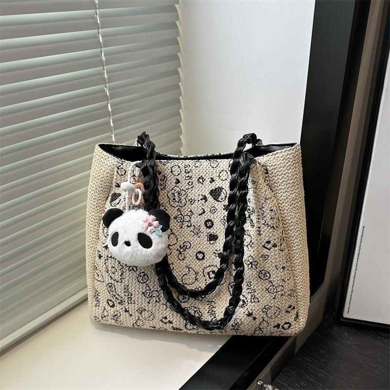 Korean leopard print handbag autumn and winter retro woven knitted bag fashionable large-capacity tote bag female cute student