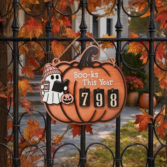 Double-layer Wood Chip Tech Halloween Ghost Pumpkin Reading Tracker Wooden Hanging Sign, Sliding Number Counter for Book Read This Year, Decoration