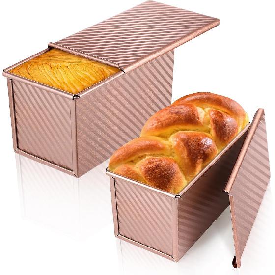 2PCS Pullman Loaf Pan with Lid, 8.4x4.7 & 7.4x3.7 inch Non-Stick Bread Loaf Pans,Carbon Steel Corrugated Sandwich Bread Loaf Pan Bread Toast Mold for