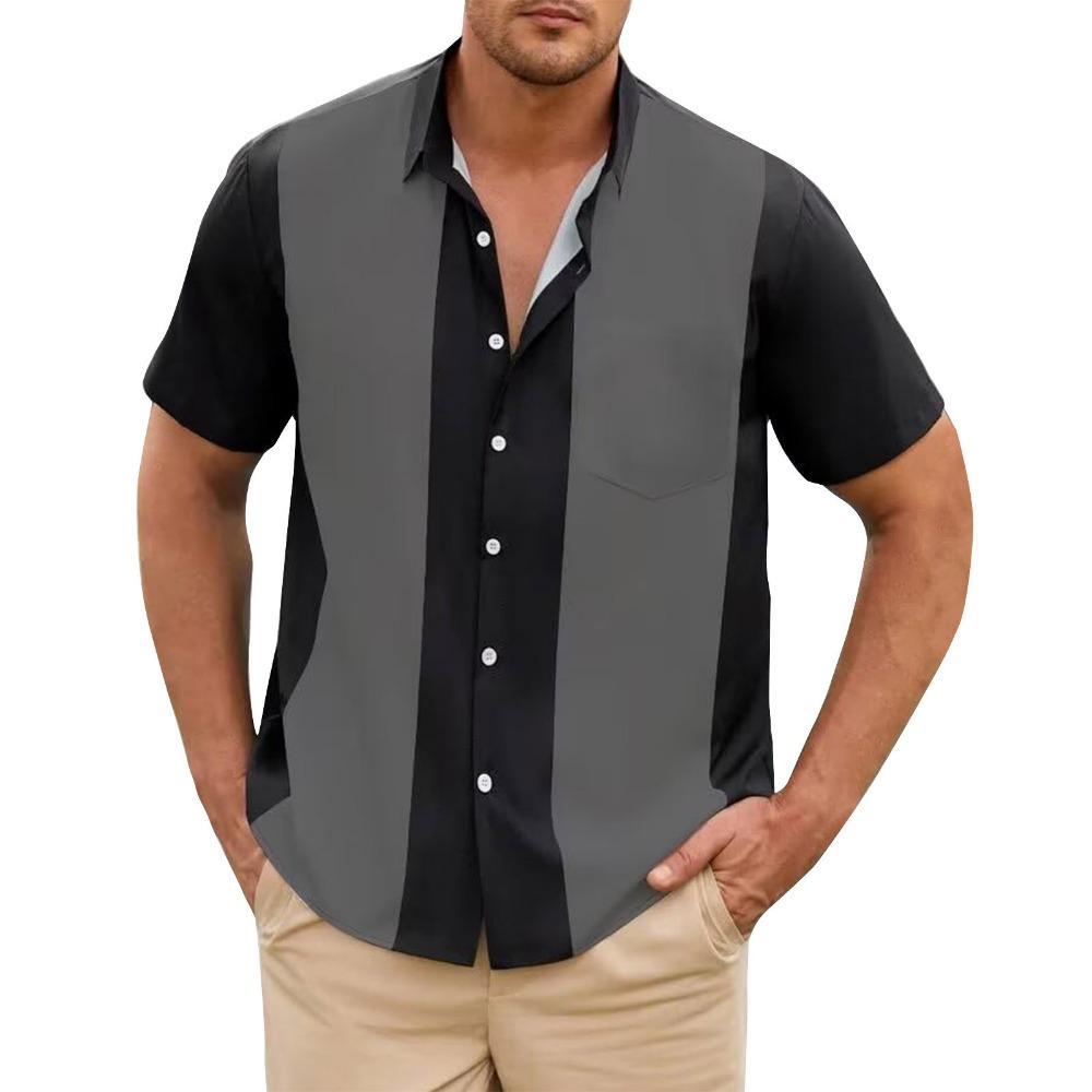 Fashion Business Stripped Splicing Shirt For Men Vintage Casual And Versatile Button Down Bowling Short Sleeve Summer T-Shirt