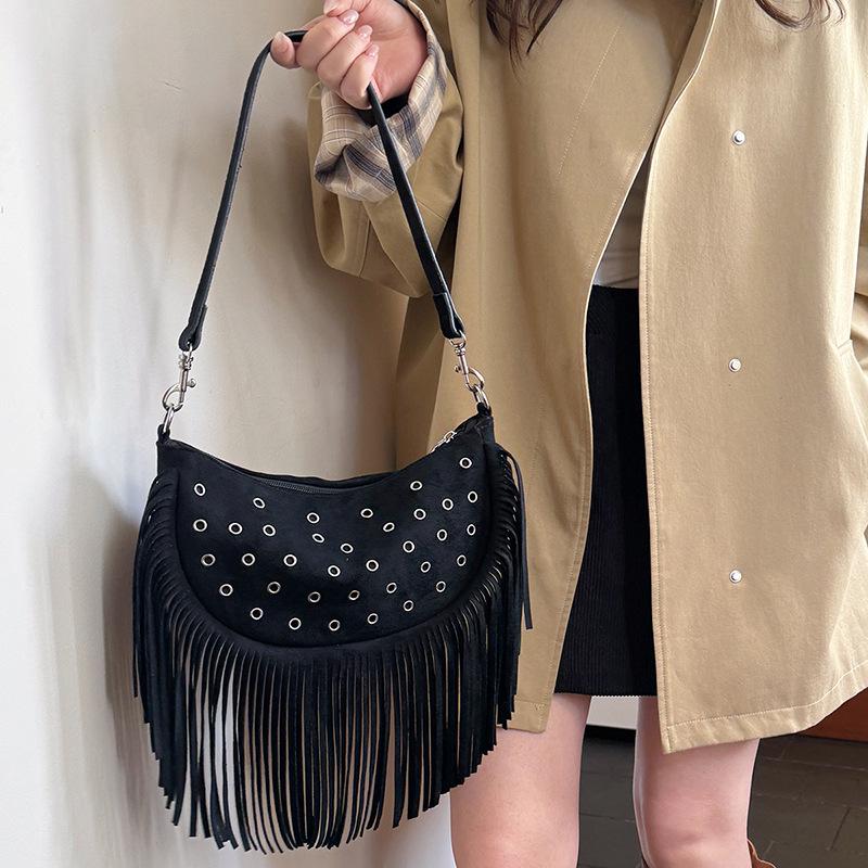 2025 Retro Suede Fringe Rivet Shoulder Bag for Women - Light Luxury Western Style