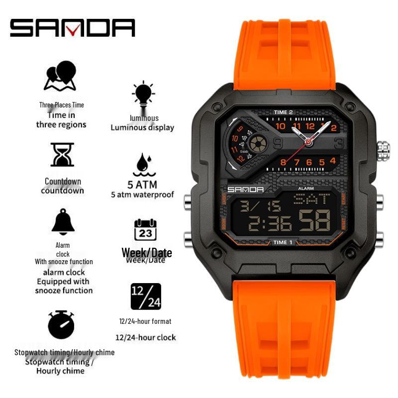 SANDA Men's Luxury Quartz Watch - Steel Band, Waterproof, Three-Time Zone, Versatile for Casual and Workplace Wear.