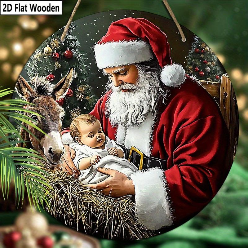 Christmas Decoration Sign,indoor Hanging decorations,2D Flat Wooden Product with The Pattern Is Santa Claus Holding a child,Christmas Gifts for Family