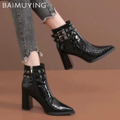 Talons Hauts Bottines Femmes Bout Pointu Sexy Épais Chaussures en Cuir Femme Tendance 2024 Hiver Mode Gothique Neige Chelsea Botas Mujer
