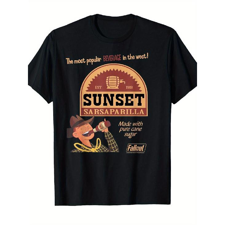 Vintage Fallout Video Game T-Shirt - Retro 80s 90s Sunset Sarsaparilla Logo & Vault Icon - Soft Breathable Cotton Unisex Loose Fit Tee - Fallout Fan S чёрный