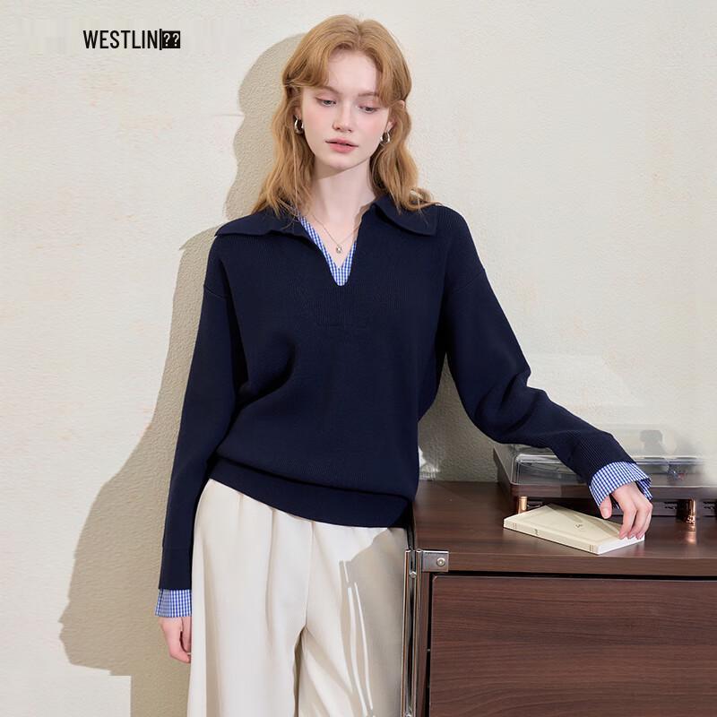 

Westlink Women s V-Neck Plaid Patchwork Faux Two-Piece Pullover Sweater S