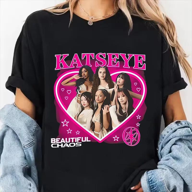 Womens Katseye Print Casual T Shirt Gothic Y2k Tshirt Women Korean Style Graphic Tee Tops Crew Neck Short Sleeve Tshirt Clothes