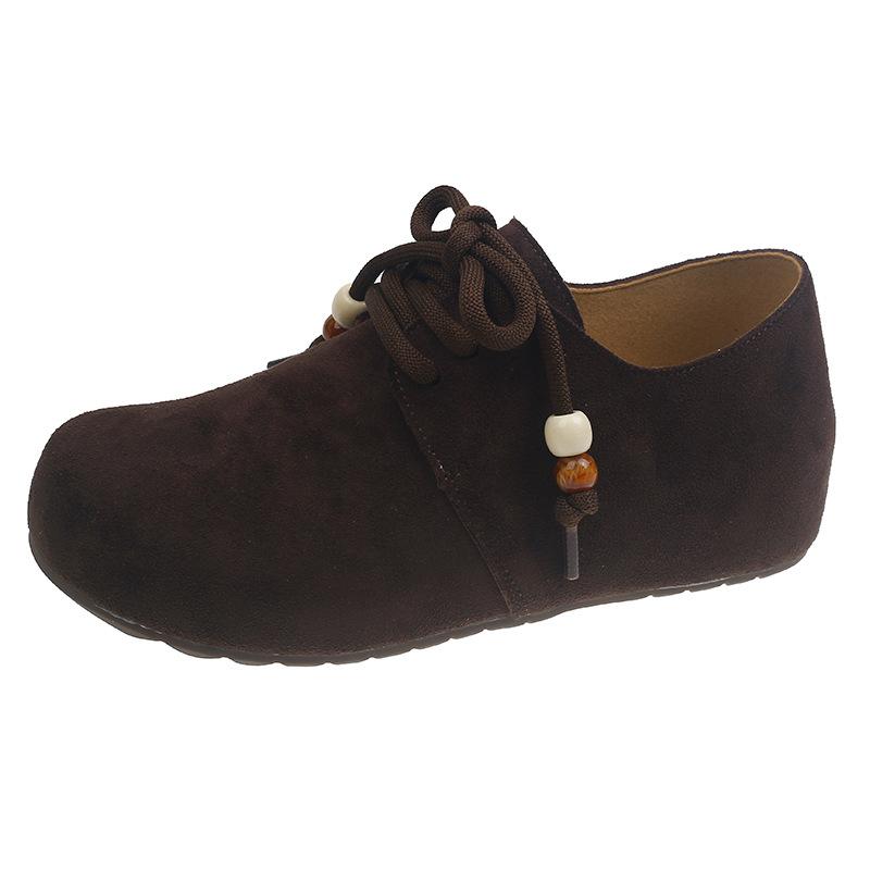 

Frosted leather lace-up flat-bottomed Doudou shoes for women s 2025 spring and autumn new casual soft-soled inner height-increasing shallow loafers fo 40 коричневий
