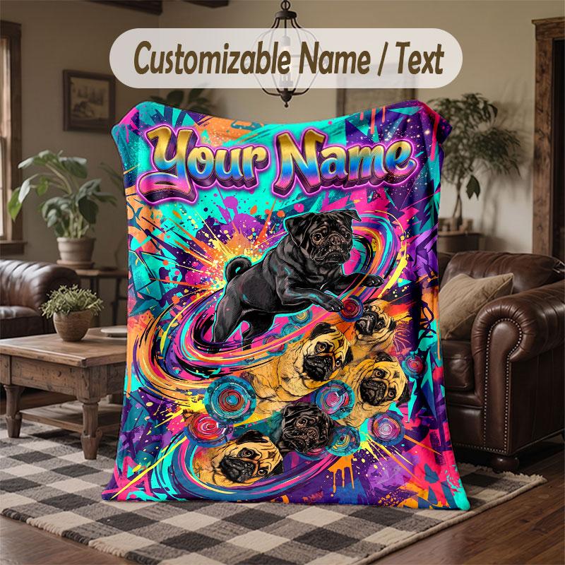 Pug Theme Throw Blanket Custom Name Text Personalized Blanket Soft Cozy Blanket for Home Sofa Bed